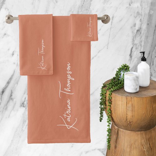 Coral Orange Modern Signature Script Monogram  Bath Towel Set