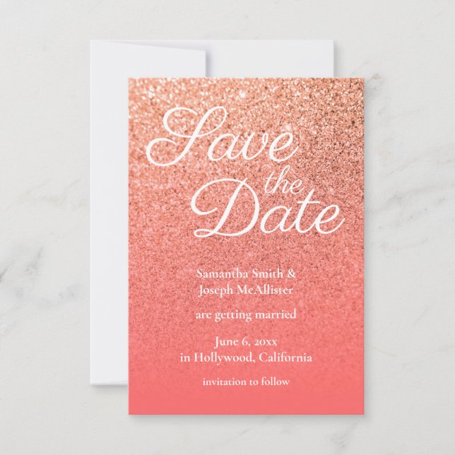 Coral Orange Ombre Glitter Save the Date Invitation (Front)