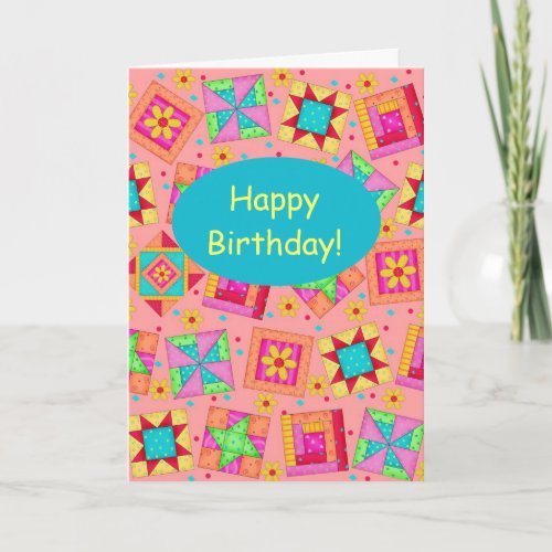 Coral Orange Patchwork Quilt Art Happy Birthday Card