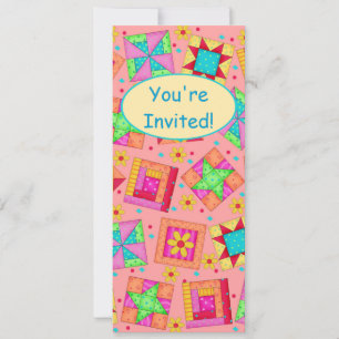 Coral Orange Patchwork Quilt Block Art Invitation