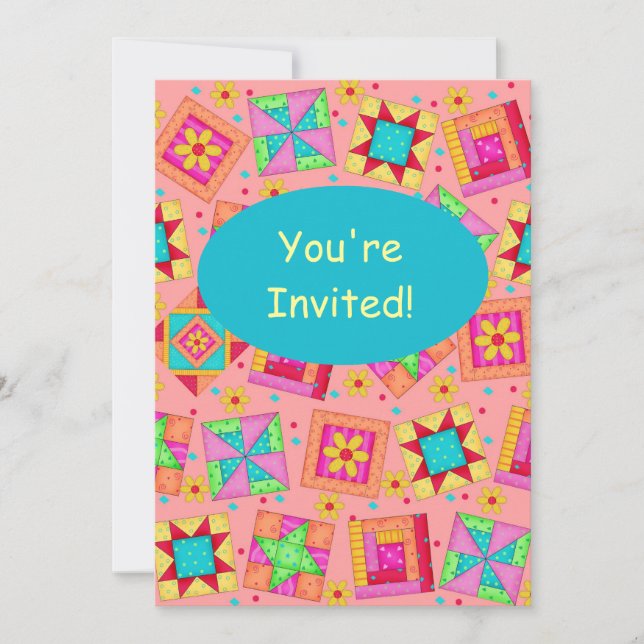 Coral Orange Patchwork Quilt Block Art Invitation (Front)
