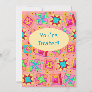 Coral Orange Patchwork Quilt Block Art Invitation