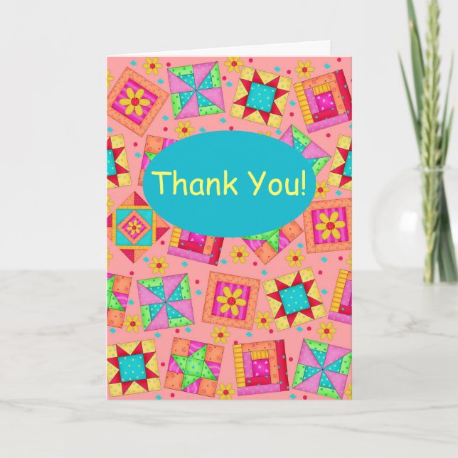 Coral Orange Patchwork Quilt Block Art Thank You Card (Front)