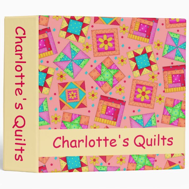 Coral Orange Patchwork Quilt Name Personalized Binder (Front/Spine)