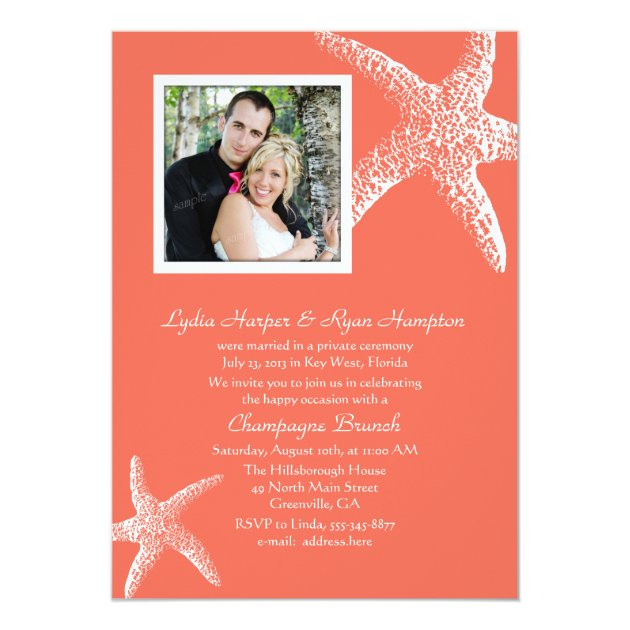 Coral Orange Photo Wedding Reception Only Invites