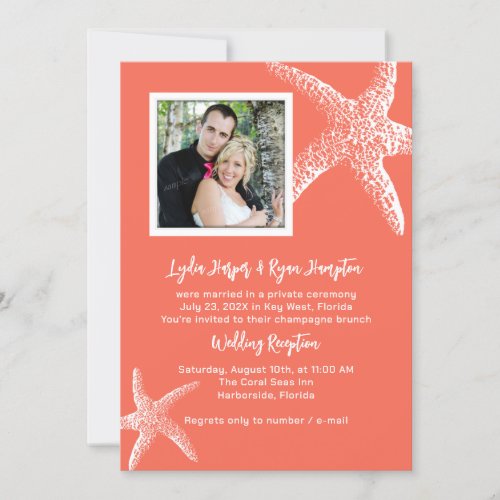 Coral Orange Photo Wedding Reception Only Invites