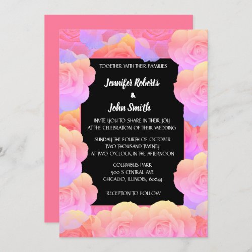 Coral Orange Pink Black Floral QR Code Wedding Invitation