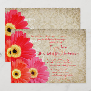 Coral Orange Pink Gerber Daisy Wedding Invitation