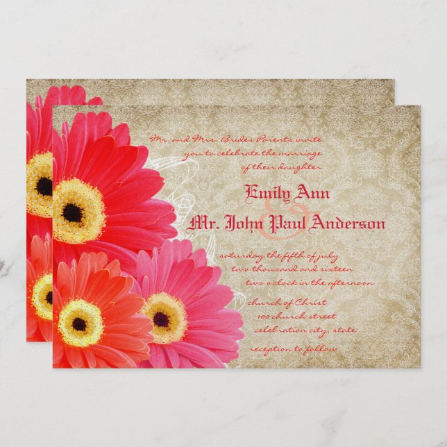 Coral Orange Pink Gerber Daisy Wedding Invitation (Front/Back)