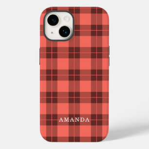 Coral Orange Plaid Pattern Custom Name Case-Mate iPhone 14 Case