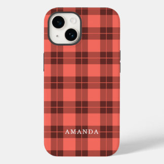 Coral Orange Plaid Pattern Custom Name Case-Mate iPhone 14 Case