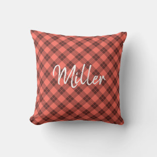 Coral Orange Plaid Pattern White Script Name Throw Pillow