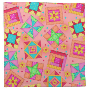Coral Orange Quilt Block Art Cocktail Napkin
