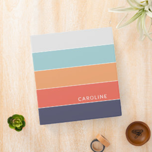 Coral Orange Red Dark Blue Seafoam Green Stripes 3 Ring Binder