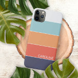 Coral Orange Red Dark Blue Seafoam Green Stripes iPhone 15 Plus Case<br><div class="desc">Do you want to protect your cellphone and make it look stylish and classy at the same time? Then you will love this case with a purple-blue, coral orange, yellow, seafoam green, and gray-white colored block stripes pattern design. You can customize this phone case with your name, monogram, initials, or...</div>