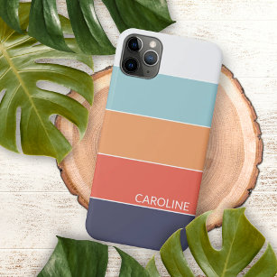Coral Orange Red Dark Blue Seafoam Green Stripes iPhone 15 Plus Case