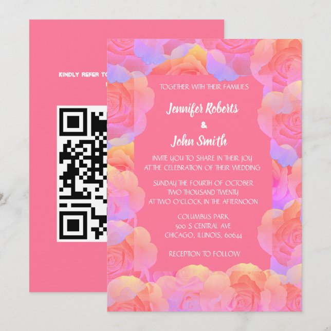 Coral Orange Salmon Pink Floral QR Code Wedding Invitation (Front/Back)