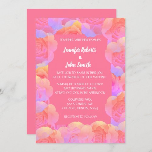 Coral Orange Salmon Pink Floral QR Code Wedding Invitation