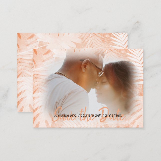 Coral Orange Tropical Palm Leaf Save-the-Date Card (Front/Back)