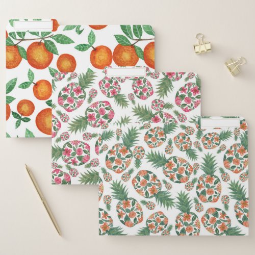 Coral Orange Watercolor Floral Pineapples Pattern File Folder