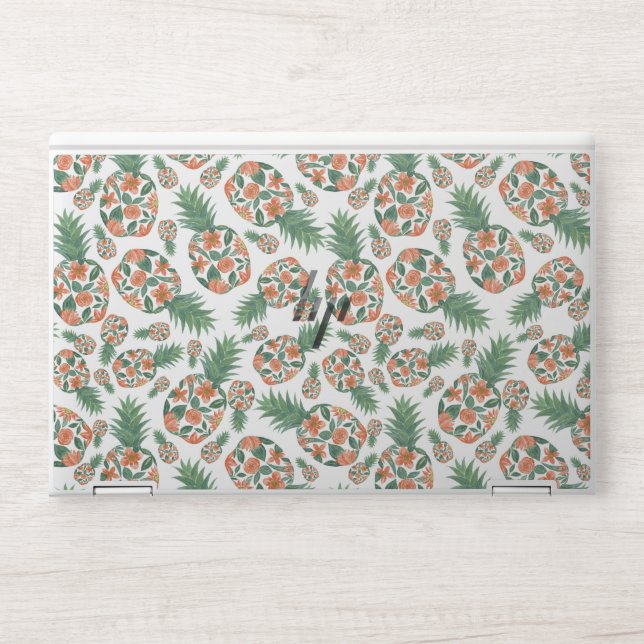 Coral Orange Watercolor Floral Pineapples Pattern HP Laptop Skin (Front)