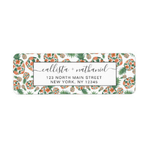 Coral Orange Watercolor Floral Pineapples Pattern Label