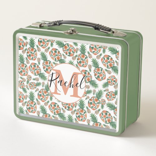 Coral Orange Watercolor Floral Pineapples Pattern Metal Lunch Box