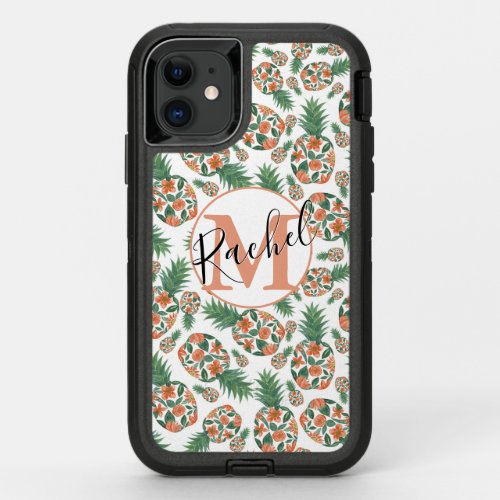 Coral Orange Watercolor Floral Pineapples Pattern OtterBox Defender iPhone 11 Case
