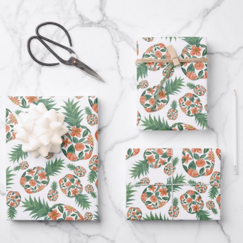 Coral Orange Watercolor Floral Pineapples Pattern Wrapping Paper Sheets
