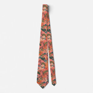 Coral orange watercolor floral summer pattern neck tie
