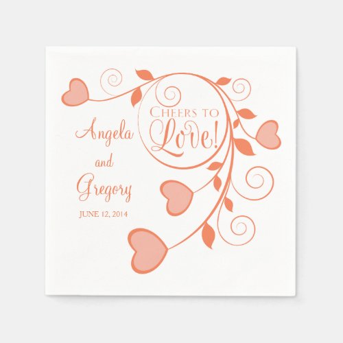 Coral Orange White Cheers to Love Heart Wedding Paper Napkins