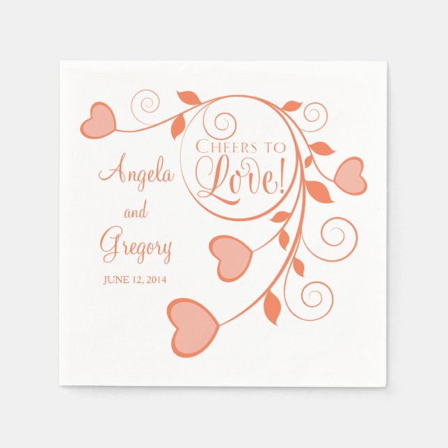 Coral Orange White Cheers to Love Heart Wedding Paper Napkins (Front)