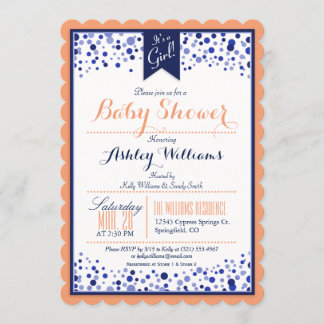 Coral Orange, White, & Navy Blue Baby Shower Invitation