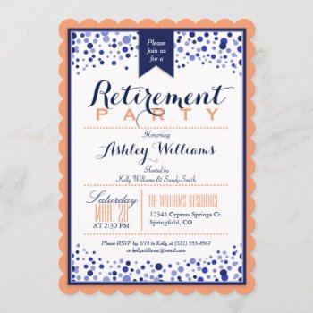 Coral Orange  White  Navy Blue Retirement Party Invitation by Card_Stop at Zazzle