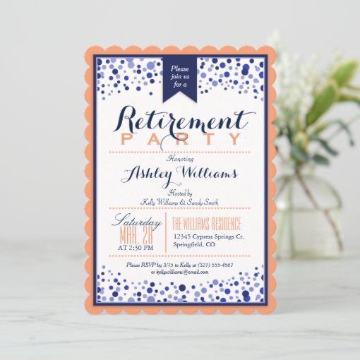 Coral Orange, White, Navy Blue Retirement Party Invitation 