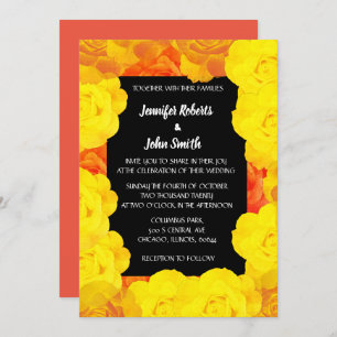 Coral Orange Yellow Black Floral QR Code Wedding Invitation