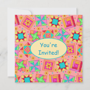 Coral Orange Yellow Patchwork Quilt Block Art Invitation