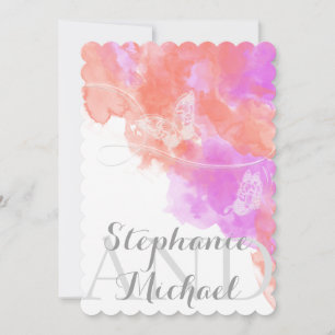 Coral Orchid Watercolor Butterfly Bliss Wedding Invitation