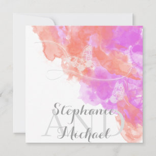 Coral Orchid Watercolor Butterfly Bliss Wedding Invitation
