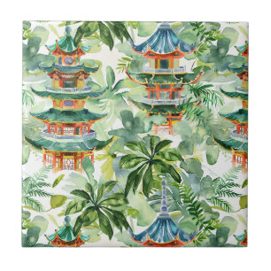 Coral Pagoda Cottage Garden Watercolor Ceramic Tile
