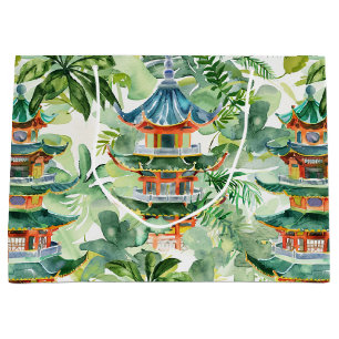 Coral Pagoda Cottage Garden Watercolor Large Gift Bag