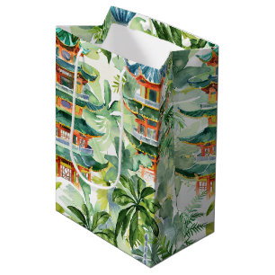 Coral Pagoda Cottage Garden Watercolor Medium Gift Bag