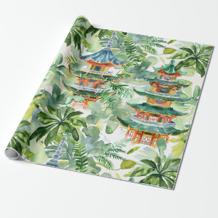 Coral Pagoda Cottage Garden Watercolor Wrapping Paper