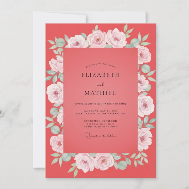 Coral Painted Leafy Wedding Invitation (Front)