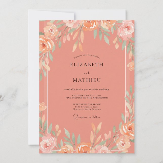Coral Painted Peony Wedding Invitation (Front)