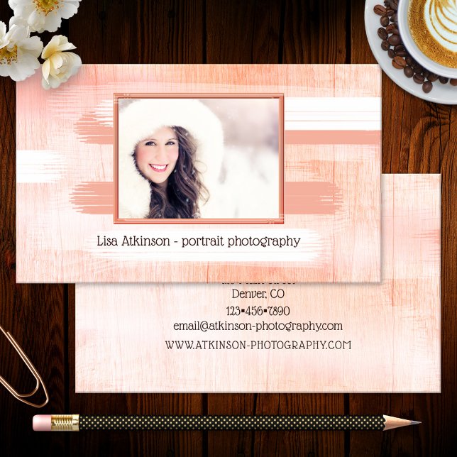 Coral Painted Wood Photographer Business Card (Business card template featuring your own photo framed by a modern wood design with painted stripes)