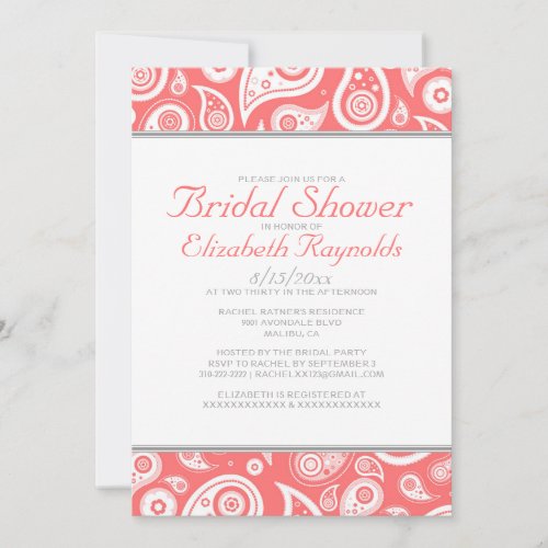 Coral Paisley Bridal Shower Invitations