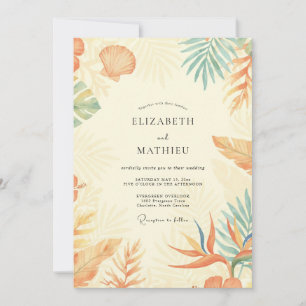 Coral Palm Leaf Wedding Invitation