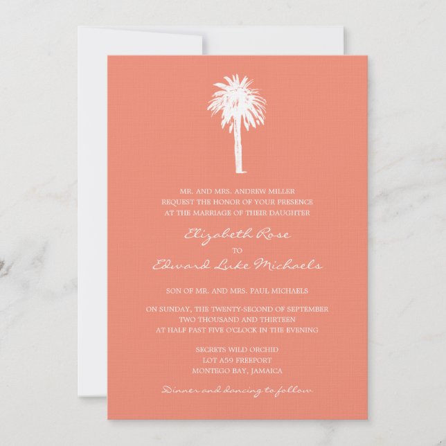 Coral Palm Tree Destination Wedding Invitation (Front)