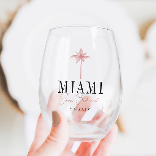 Coral Palm Tree Personalized Bachelorette Party Stemless Wine Glass